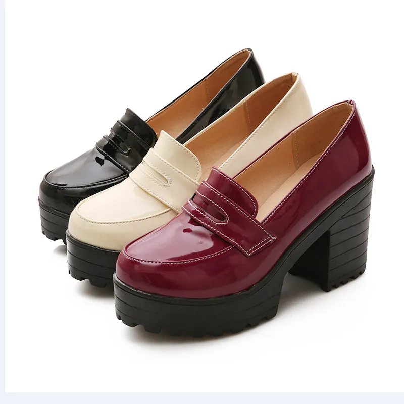 

Fanyuan 2021 Platform Shoes Women Retro Round Toe Ladies High Heels Shoes Concise Square Heel Party Dress Pumps Stiletto Black