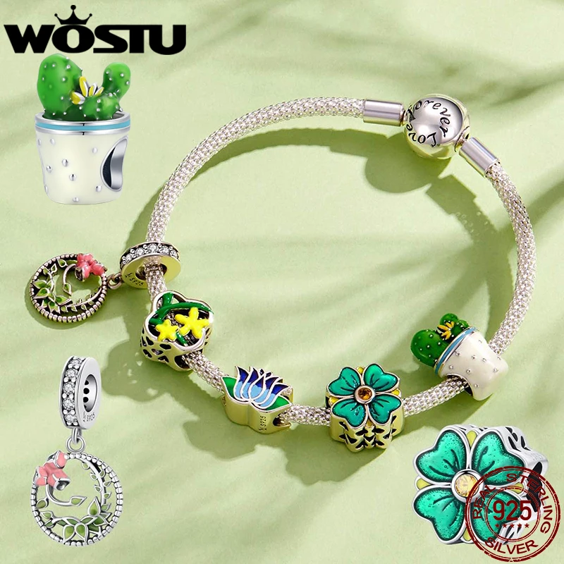 

WOSTU 925 Sterling Silver Spring Green Plants Cactus Lucky Clover Charm Beads Fit For Orignal Bracelet Bangle DIY New Year Gift