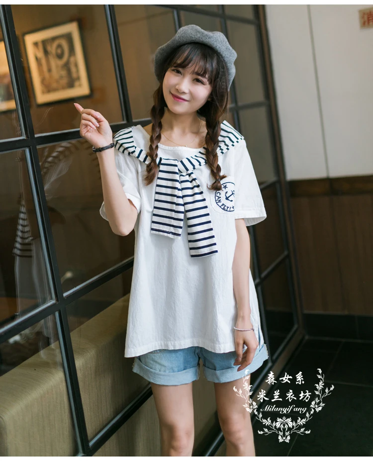 Футболка женская хлопковая с круглым вырезом и вышивкой якоря | Женская одежда