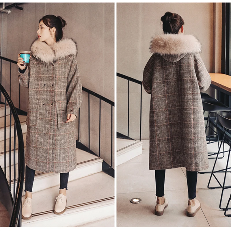 

Winter Women Plaid Wool Coats Medium Long Woolen Overcoat Straight Loose Hooded Jackets With Fur Casual Streetwear Korean Ladies