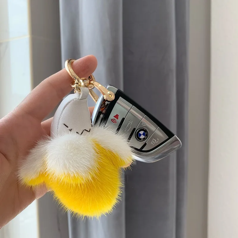 

Women Bag Charm Real Mink Fur Keychain Mini Banana cute Pompom Ball Car Keyring Phone Pendant Car Accessories