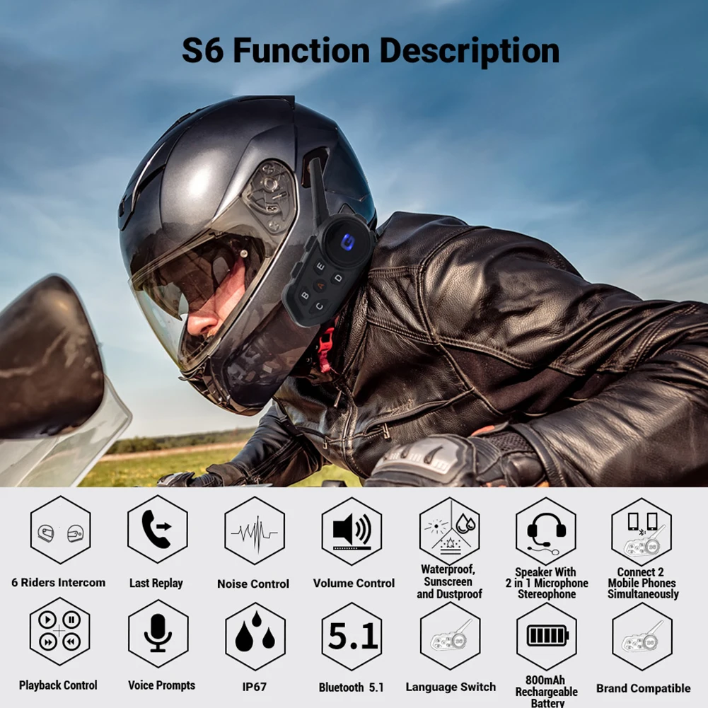 

S6 1200m 2 People Motorcycle Helmet Bluetooth-compatible 5.1 Wireless Intercom Headphones Waterproof Anti-Interference FM Radio
