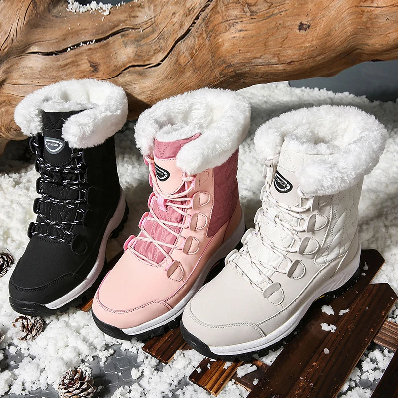 

2019 Fashion Winter Shoes Woman Pink Leather Boots Women Platform Snow Boots Lace Up Flat with Fur Warm Hot Sale Large Size