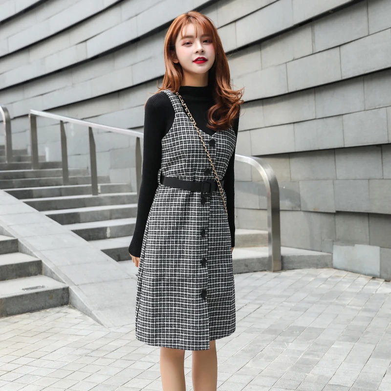 

Streetwear Two Piece Women Autumn Winter Sweater Wool Knee-Length With Belt Elegant Party Dress Vestidos