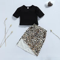 2 pieces kids suit set toddler solid color round neck short sleeve tops leopard print skirt 6 months 5 years