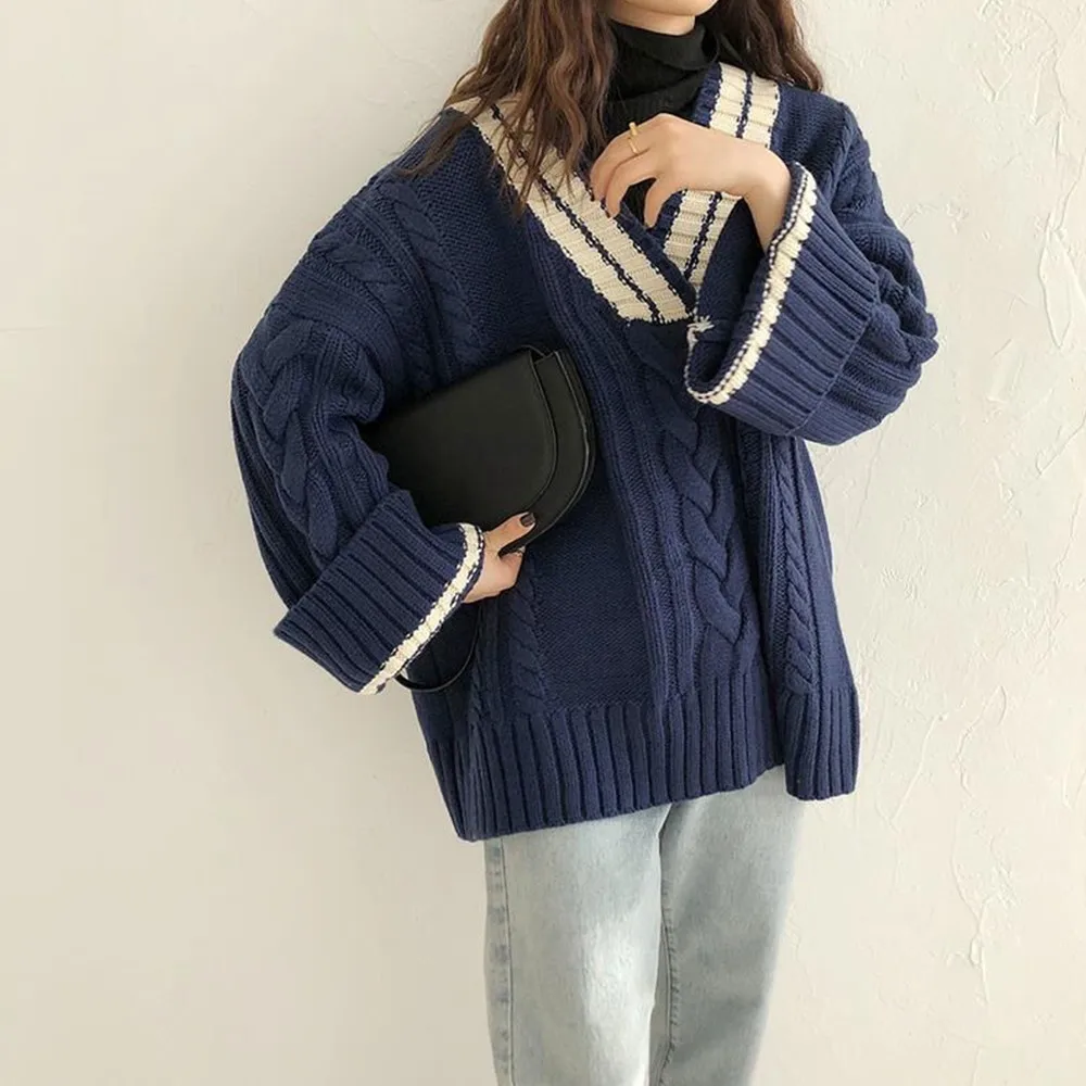 

Women Korean Style Loose V Neck Solid Color Knitted Warm Sweaters Pullovers V-neck Sweater Autumn And Winter College Style