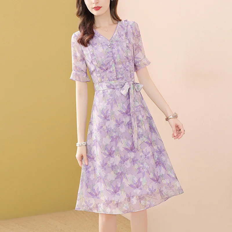 

Purple Chiffon Floral Summer Dress Women High Waist beach dress Fashion Printed Sashes Ruffle Button V-Neck Elegant Dresses