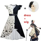 Новинка 2021, короткие кудрявые костюмы Cruella De Vil Kuila с париком и платьями, костюмы на Хэллоуин для девочек