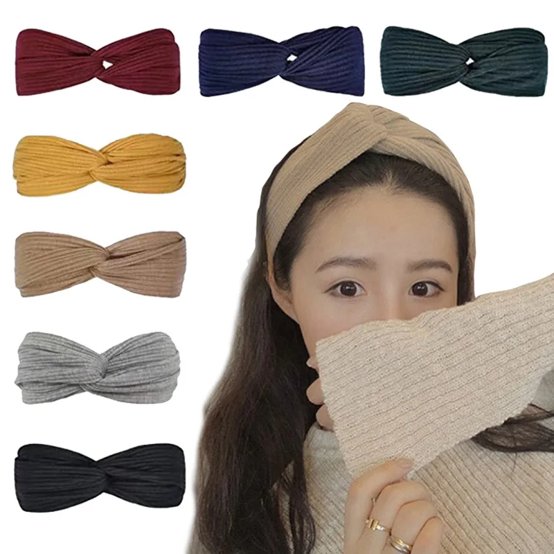

Women Knitted Hairbands Summer Autumn Hair Accessories Cross Turban Knot Head Bands Vintage Fashion Elastic Hair Ties Bandanas