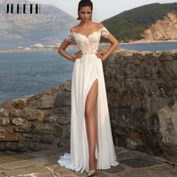 jeheth sexy side slit chiffon beach wedding dresses illusion lace appliques a line o neck bridal gown custom robe de mari%c3%a9e 2022