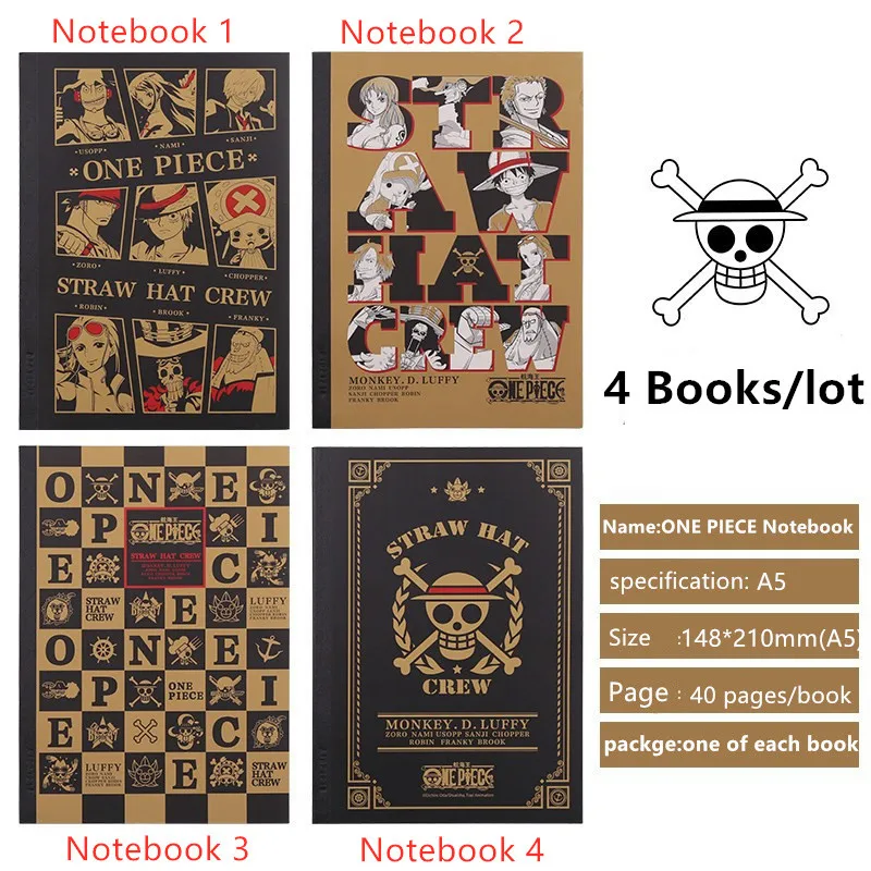 4 PCS/LOT Anime OP Straw Hat Pirates Luffy Notebook for Student Cartoon Pocketbook Cosplay Toy Pocketbook Collection Comic Book
