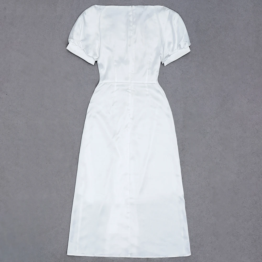 

2021 Spring Summer new white ladies Mid Length dress Puff sleeves V-neck pleated elegant fold dress Suitable for Wedding party