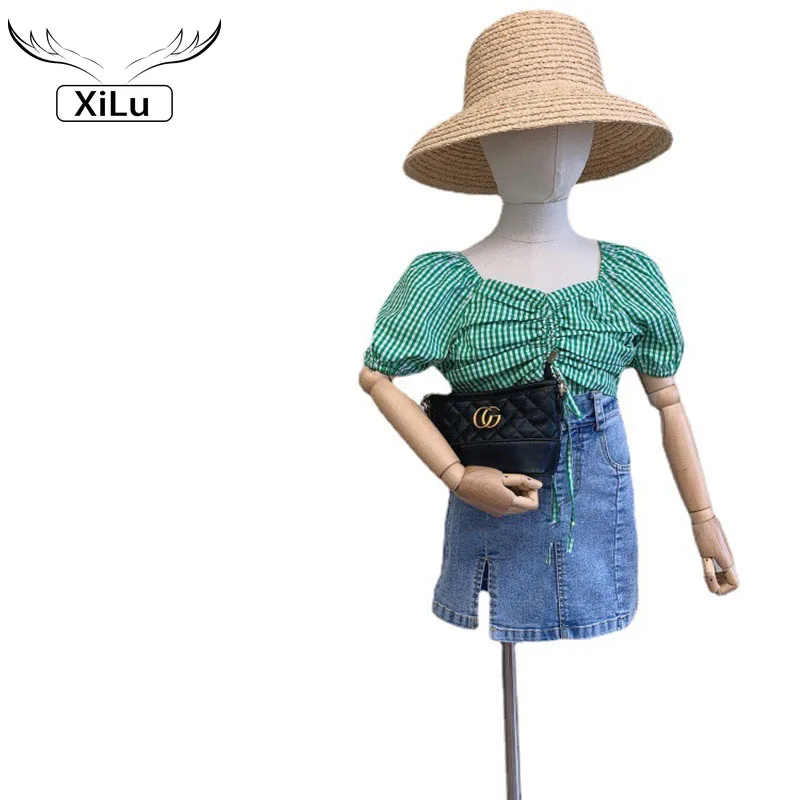 

2021 Summer Girls Korean Fashion Plaid Shirt and Denim Skirt Two-piece Suit Fashion Clothes Kids Boutique Clothing Wholesale