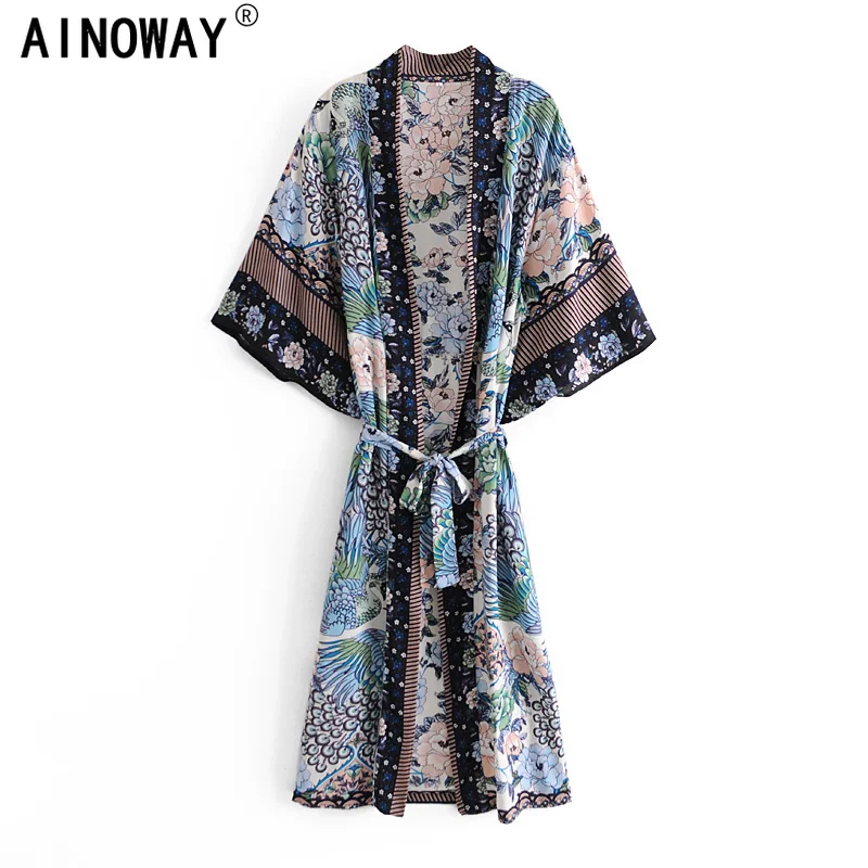 Женское пляжное кимоно в богемном стиле с принтом павлина и рукавами летучая