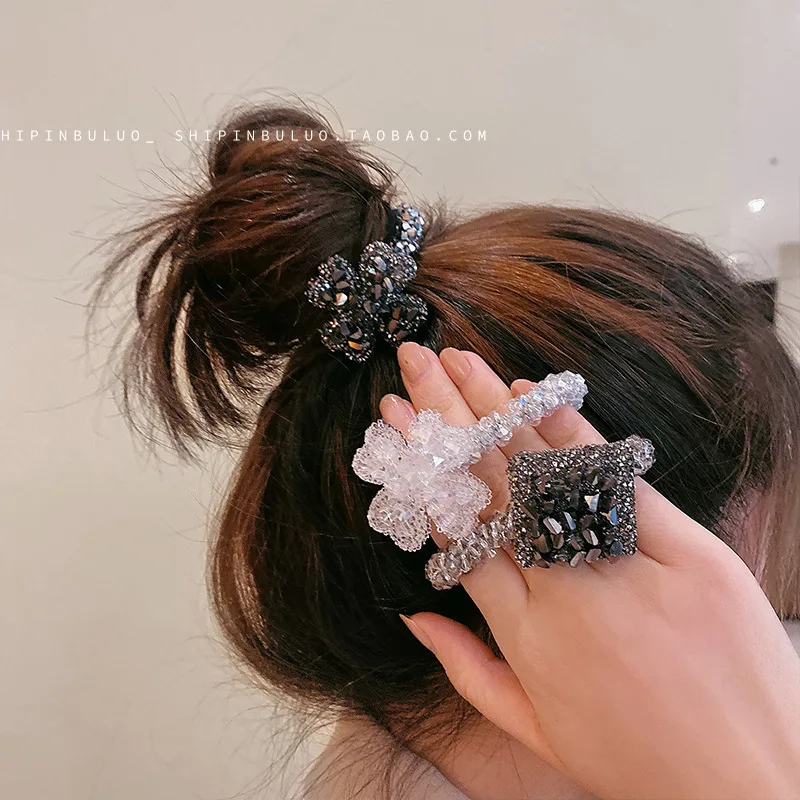 Fashion Square Crystal Elastic Hair Bands For Women Girls Shinny Heart Leaf Rubber Bands Ponytail Holder Hair Ties Accessories