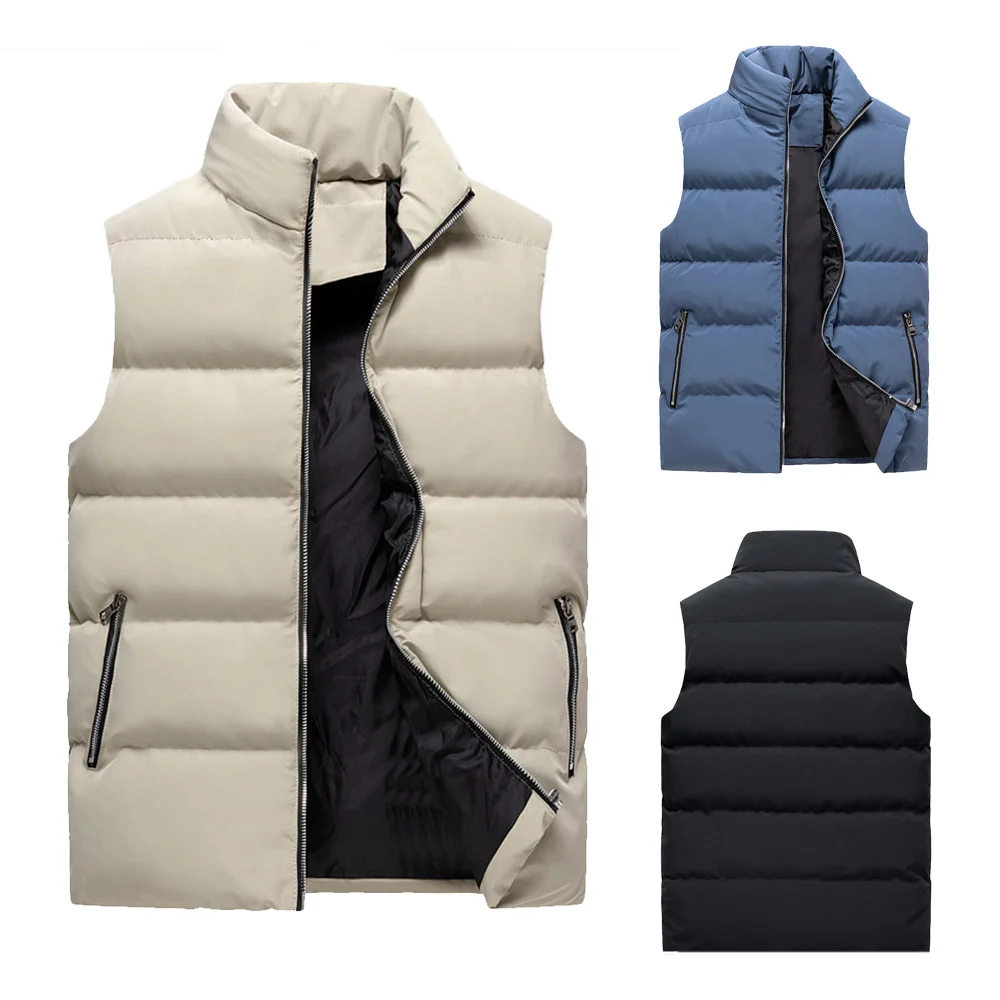 

Warm thickened men's stand collar solid color cotton jacket sleeveless vest casual large size hat-free coat vest sports suit