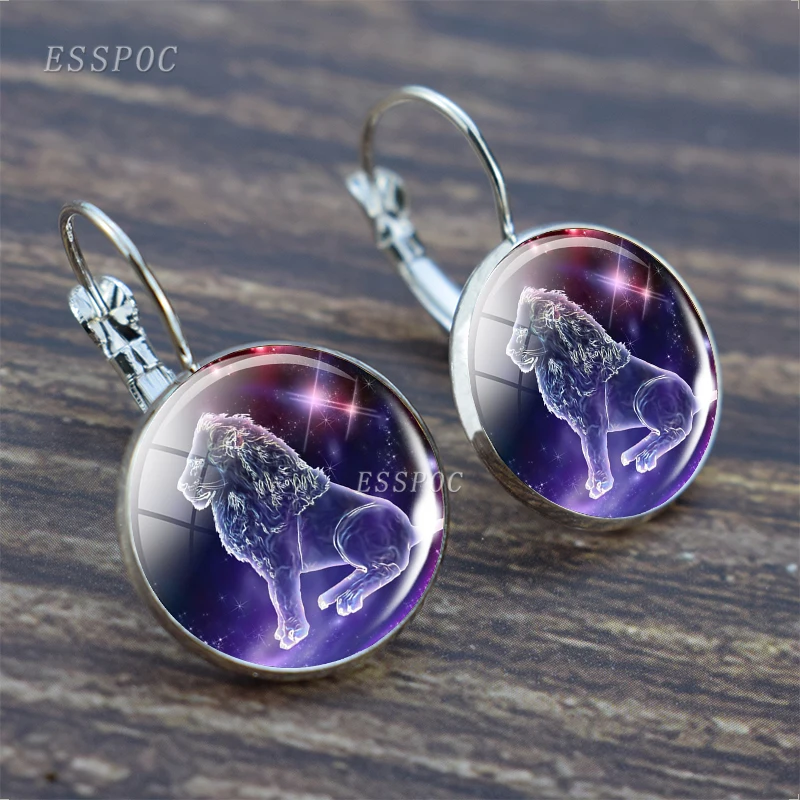 

12 Constellation Glass Cabochon Earrings Zodiac Sign Jewelry Women Hook Earrings Leo Scorpio Aries Party Earrings