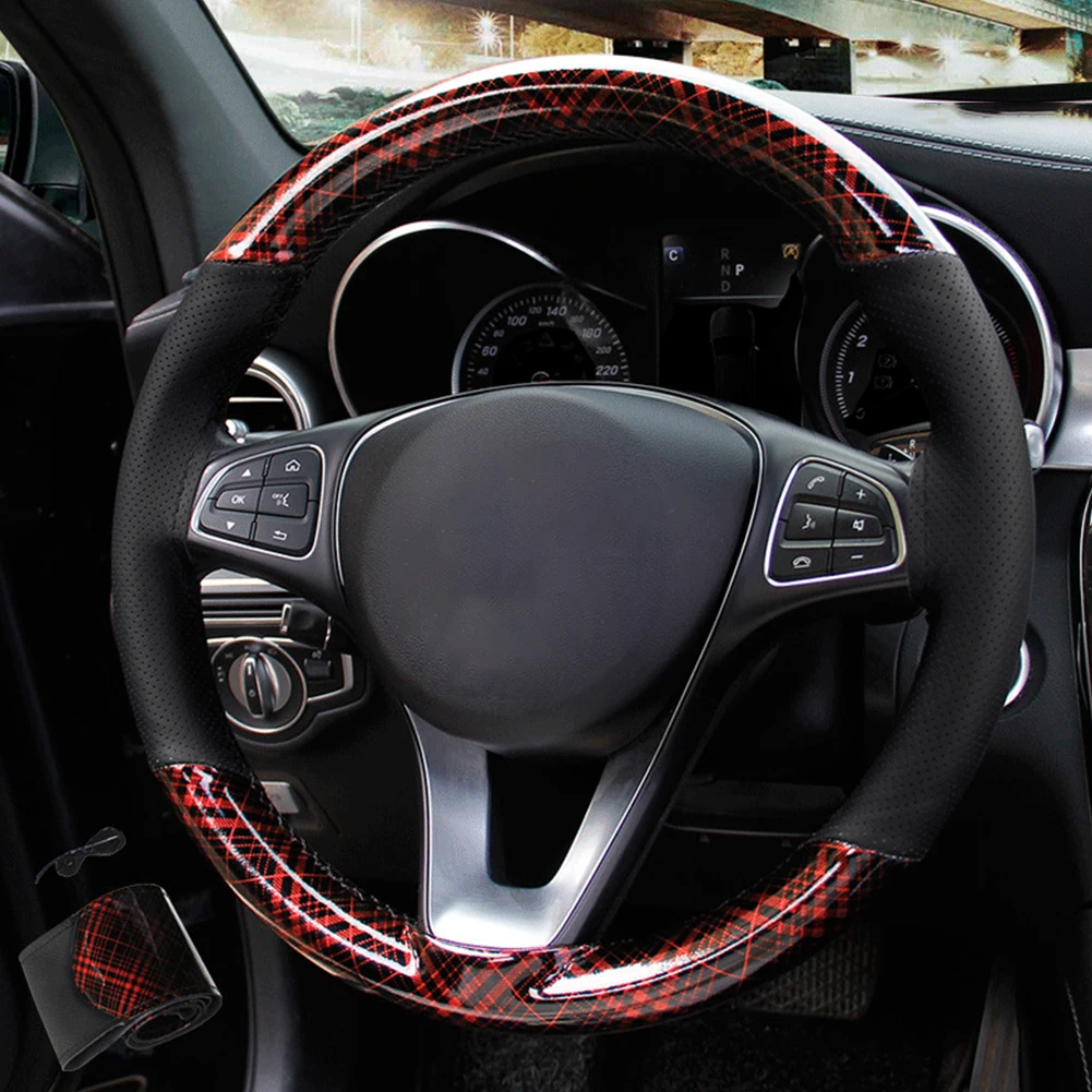 

Hight Quality Microfiber Crystal Grid Material Car Steering Wheel Cover 38cm Anti-slip Hand Sewing Steering Wheel Braid Thread