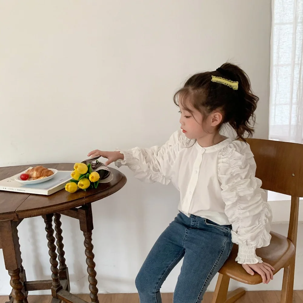 

Spring New children puff sleeve drawstring shirt Girls solid color casual all-match blouses