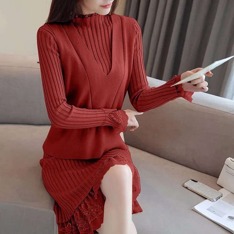 Весна 2020 женский длинный свитер платье костюм со стоячим воротником маленький