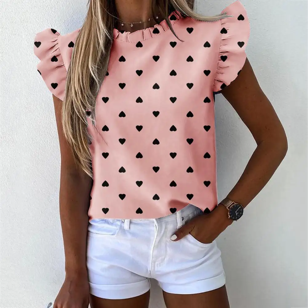 

Модная женская блузка в полоску с сердцем, рубашка с цветочным принтом, топ с круглым вырезом и оборками, рубашка с короткими рукавами, летни...
