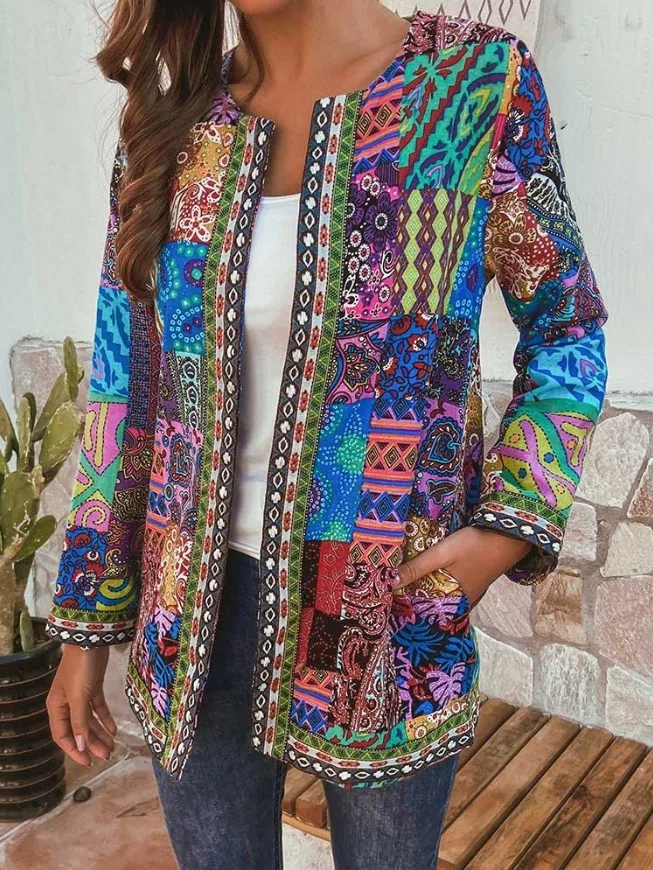 

Autumn print retro style round neck mid-length jacket women's jacket