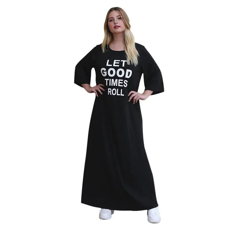 

XL-4XL letter print long t-shirt dress plus size spring fall a-line maxi dress loose big size women dress casual black robe