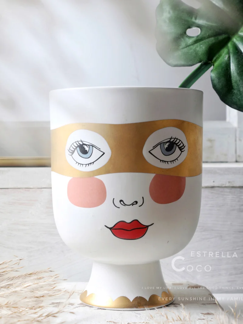 

Double Face Frosted Flower Pot Girl Head Golden Eye Mask Vase Red Lips Nordic Decor Home Decoration Accessories For Living Room