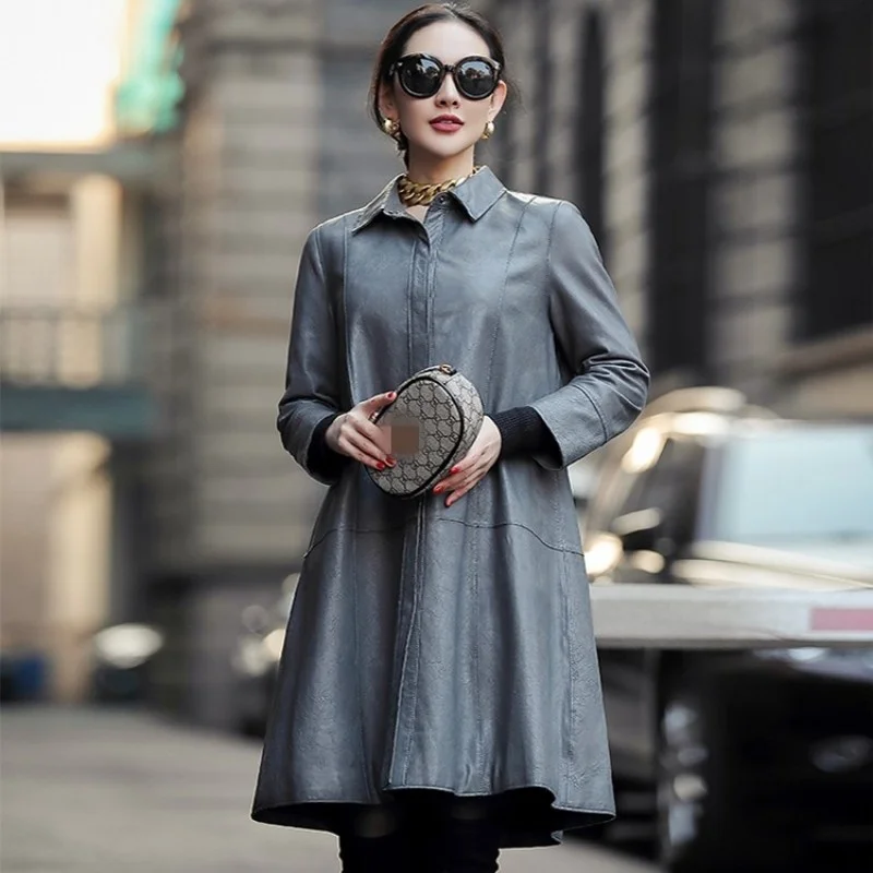 

Long leather jacket 100% genuine, elegant, feminine, for spring, loose, lambskin, mainly