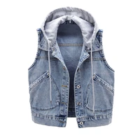 casual hooded denim jacket vest for women plus size fashion sleeveless waistcoat top t shirt outside clothes with detachable hat