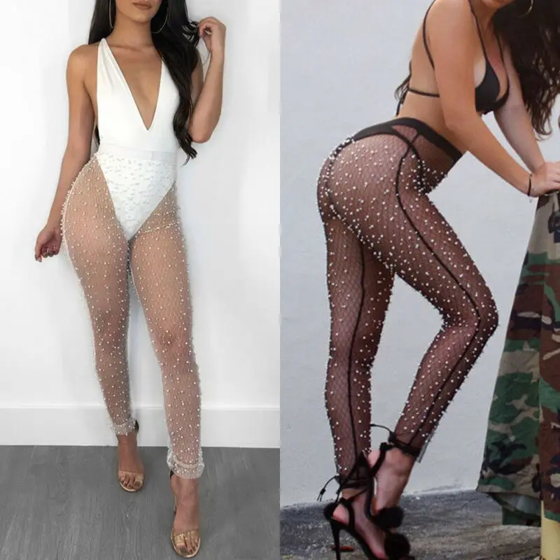 

Новейшие модные сексуальные женские прозрачные сетчатые брюки с жемчугом, прозрачные длинные брюки, однотонные экзотические брюки