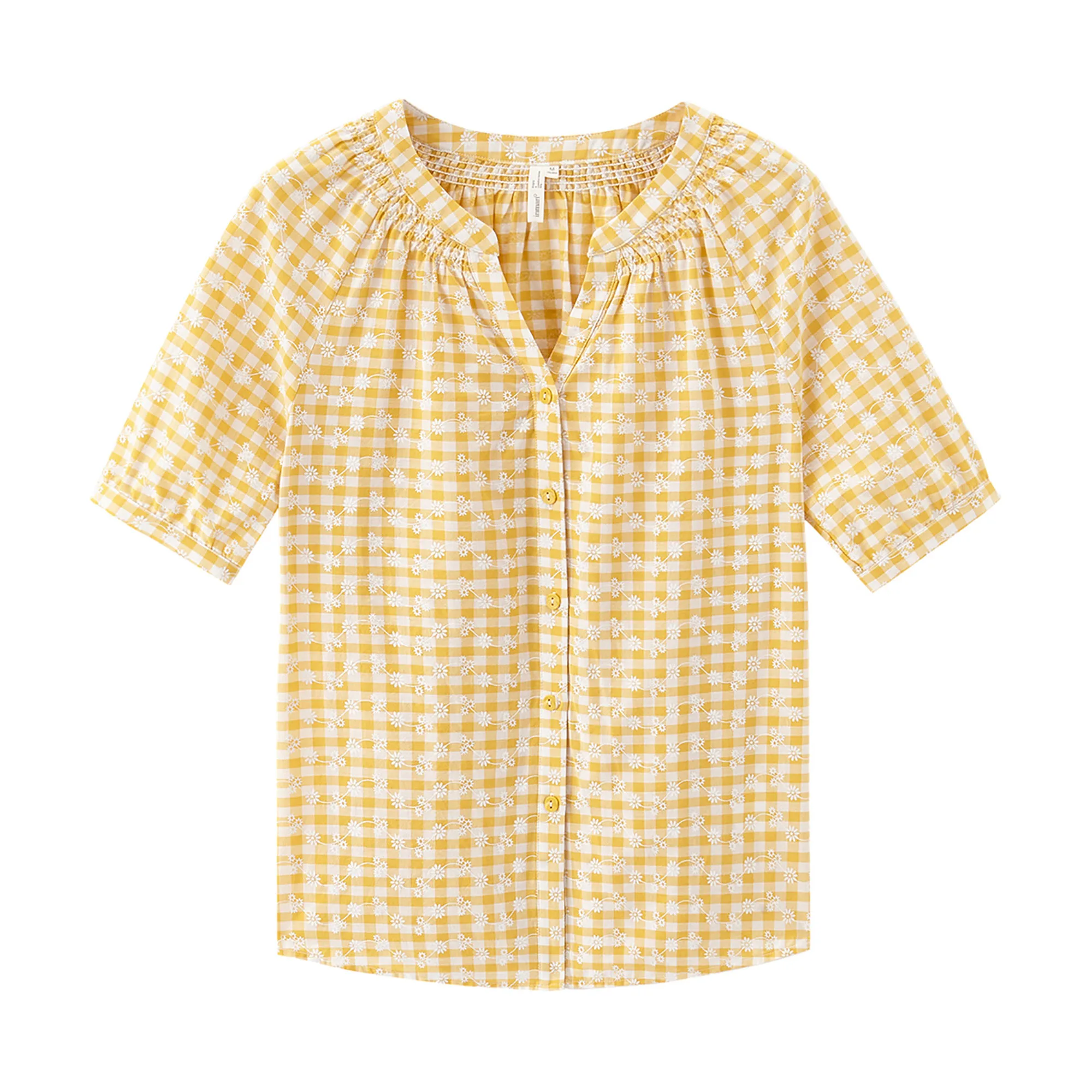 

INMAN Plaid Blouse Women Lady Summer Cotton Winkle Collar Little White Flower Print Girl Short Sleeve Tops Shirt