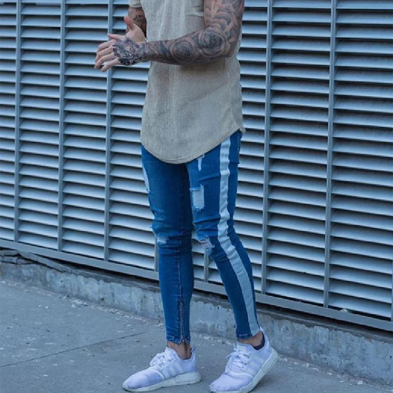 

Skinny Jeans Men Hip Hop Stripe Elastic Slim Fit Denim Pants Male Stretchy Pencil Bottoms street Knee Ripped Holes Jeans