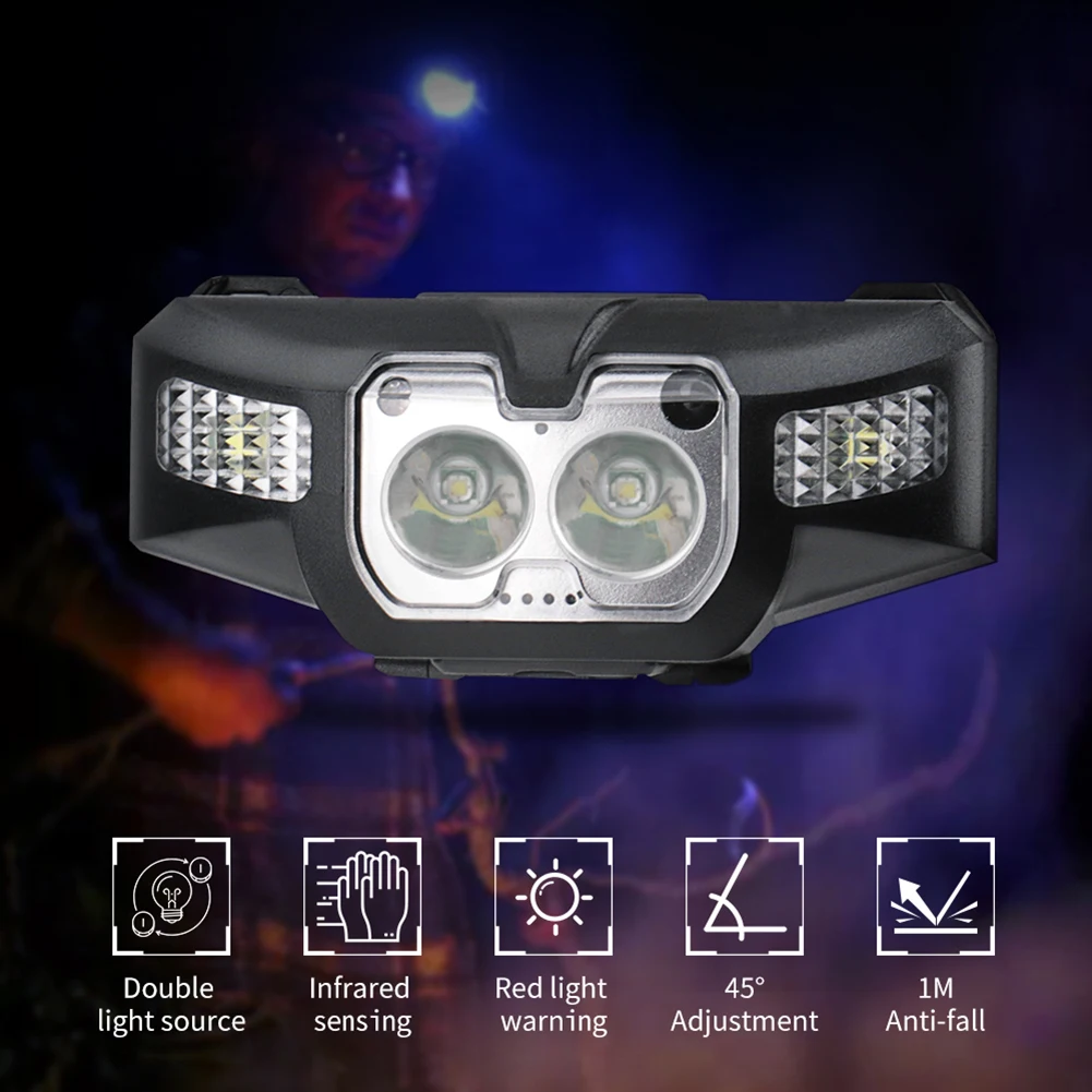 

XPE LED Headlamp USB Rechargeable Wave Sensor Flashlight Infrared Night Vision Waterproof Head Torch for Camping Fishing