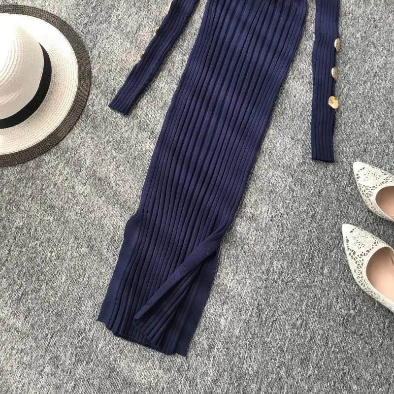 ALPHALMODA французское платье Популярные пуговицы рукав пуловеры туника платье вязаный свитер платье сплошное v-образным вырезом сексуальное платье шаг