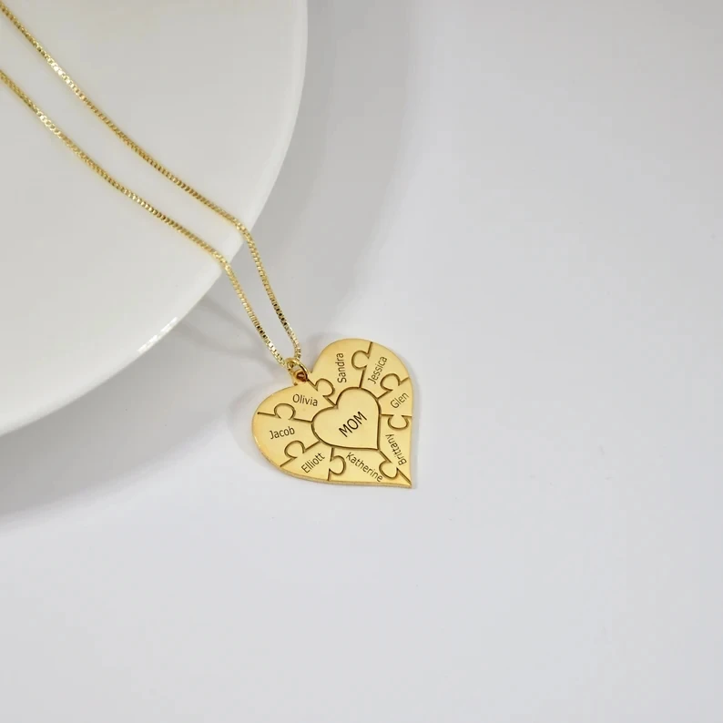 Personalized Heart Puzzle Necklace Custom Name Pendant Gold Stainless Steel Chain Family Necklaces Jewelry for Women Gifts