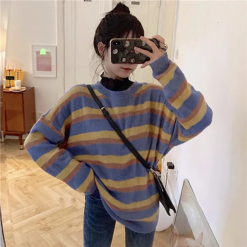 Striped Fashion Basic Hit Casual Loose All Match 2019 Female Women Long Sleeve Hot Sale College Wind Thin Sweaters | Женская одежда