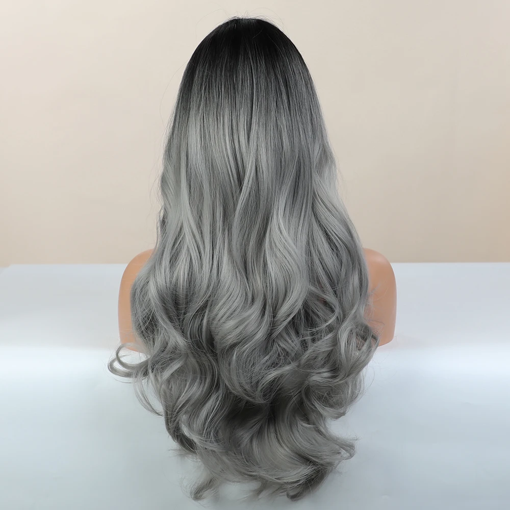 BLONDE UNICORN Long Wavy Synthetic Hair Wigs Ombre Grey for Black White Women Natural Wig Hair with Bangs Heat Resistant Fiber