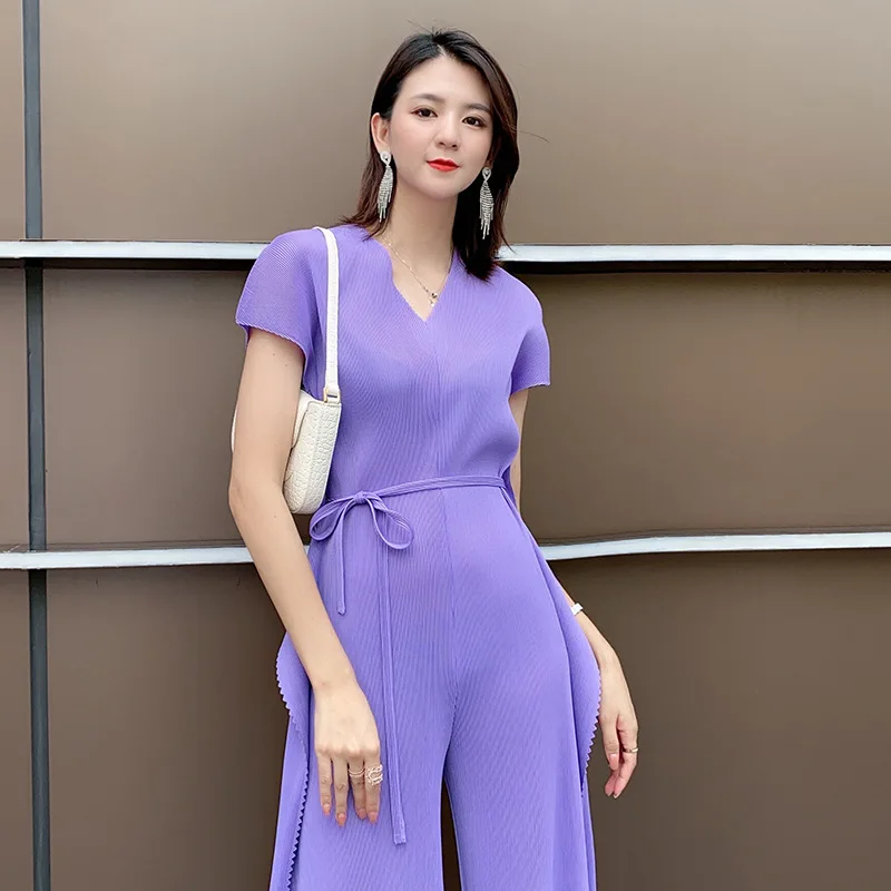 2021 elegant jumpsuits for women Miyak Pleated Fashion Solid Wear a belt  v-neck  Female one piece outfit wide leg jumpsuit