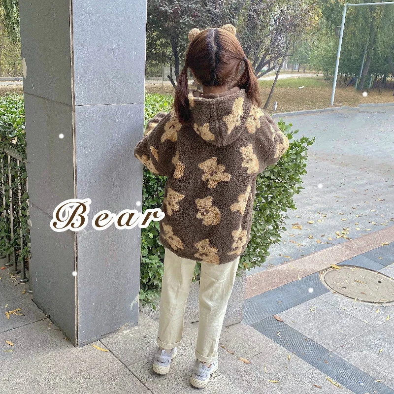 Cute Zipper Women Hoodies 2022 Winter Faux Fur Loose Kawaii Girl Bear Graphic Soft Teddy Coat Korea Thickened Warm Pocket Jacket