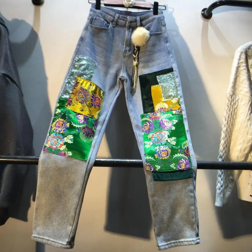 Новая мода весна осень вышитые атласные с высокой талией прямые джинсы женские