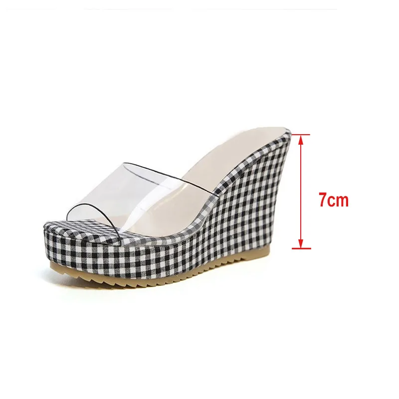 

2021 New Summer Women Slippers Platform Wedge High Heels Slides Peep Toe Plaid Transparent Female Footwear Elegant Ladies Shoes