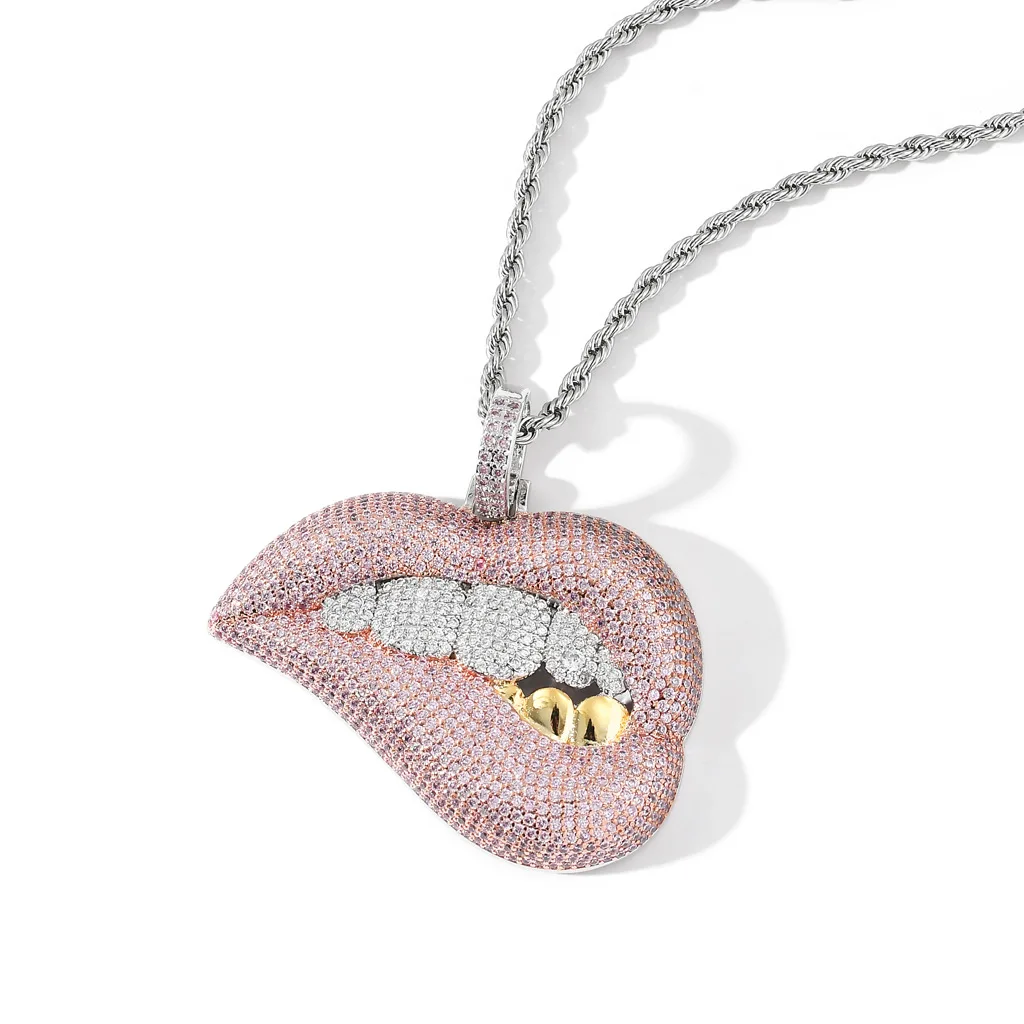 

Hip Hop CZ Stone Bling Iced Out Sexy Biting Lip Pendants Necklaces for Men Women HIPHOP Rapper Jewelry