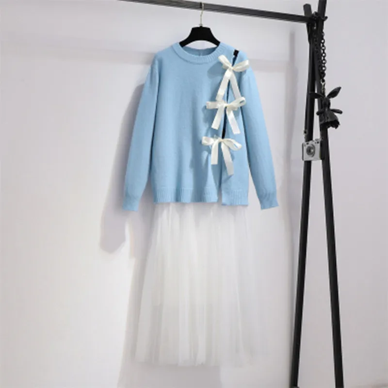 

Autumn Winter 2 Pieces Set Women Long Sleeve Sweet Bow Lace Up Knitted Pullover And Elastic Waist Mesh Skirts Simple Suits