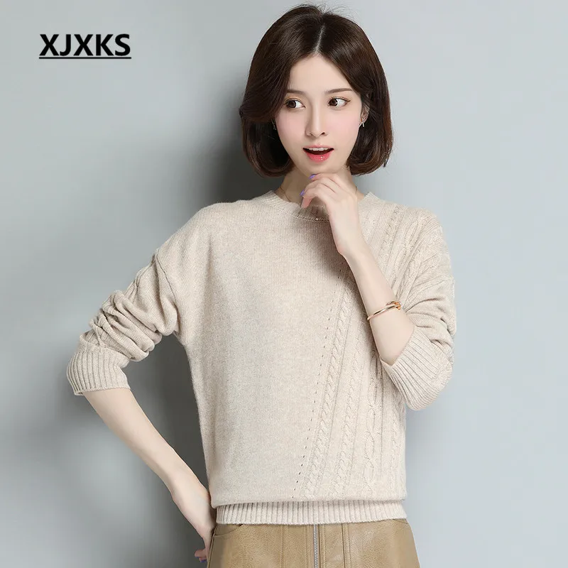 XJXKS Round neck long sleeve women sweater autumn winter new large size comfortable cashmere knitted sweater women pullover - Цвет: Бежевый