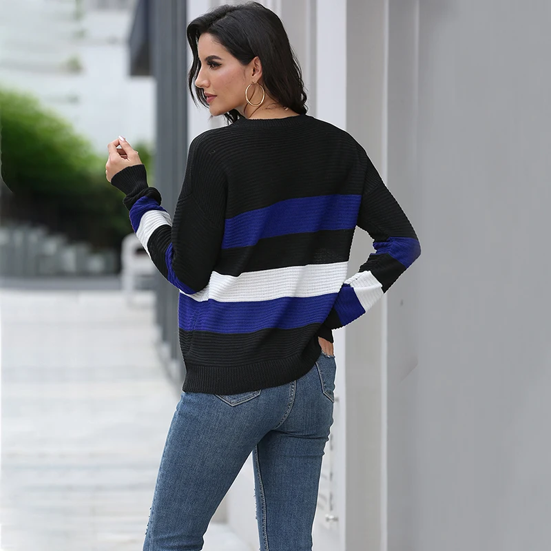 

Large Size Patchwork Striped Pullover Knitted Sweate Fashion Women's Winter Tops Round Neck Long Sleeve Ladies Sweater Streetwea