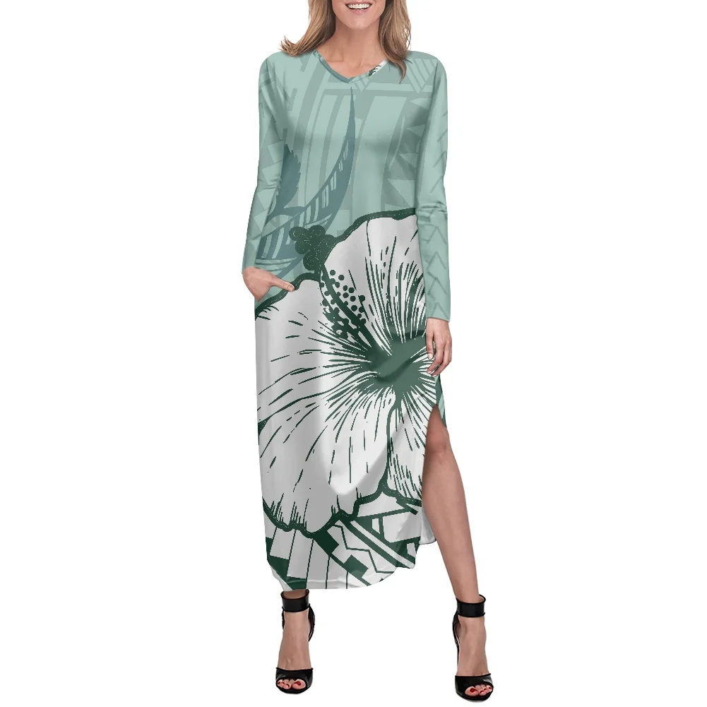 

Polynesian Hibiscus Flowers Pattern Elegant Women Dress Sexy V-neck Dress Femme Casual Prom Oversize Long Sleeves Dress