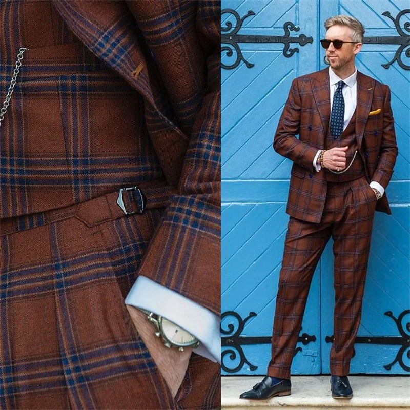 3 Pieces Spring Men Suits Brown Plaid Newest Style Tuxedos Lapel High Quality Double Breast Formal Party Suits Custom Made