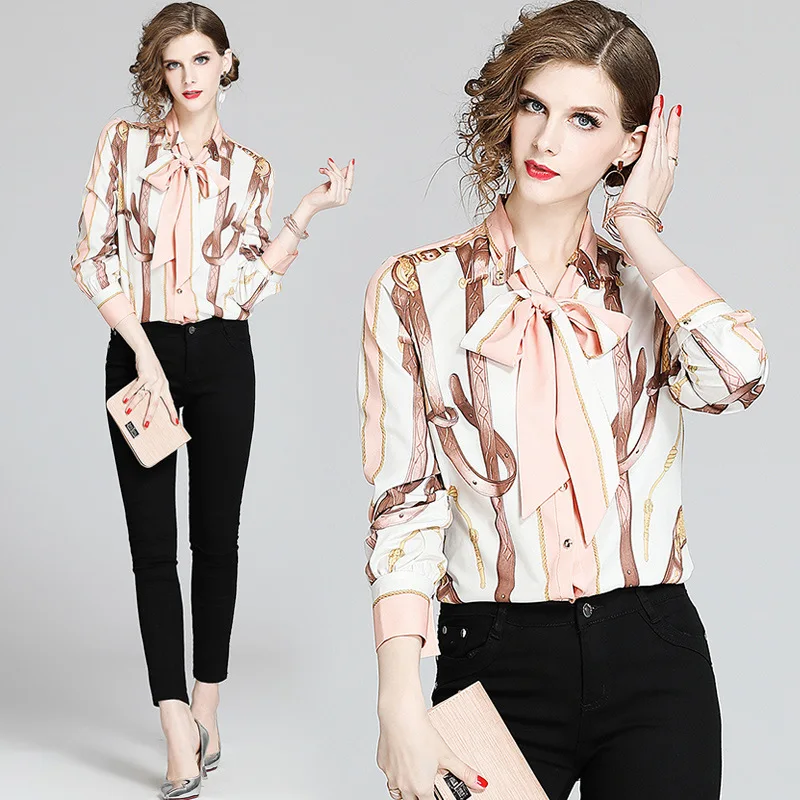

2020 Elegant Bow Tie Ribbon Women Shirt Spring Autumn Ladies Solid Long Sleeve Chiffon Shirts Casual Blouses Vintage Tops Blusas
