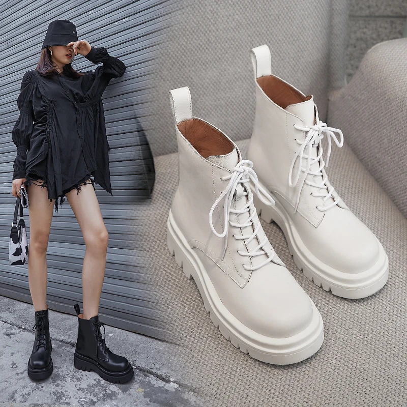 Online Sepatu Bot Pergelangan Kaki Kulit Asli Wanita 2021 Sepatu Bot Hangat Musim Dingin Pendek Wanita Sepatu Hak Platform Sepatu Bertali Untuk Wanita